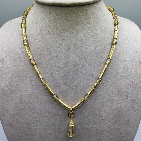 Signed MONET 1990s Gold Tone Necklace Strung On Chain Glass Bead Drop Shaped - Picture 2 of 14